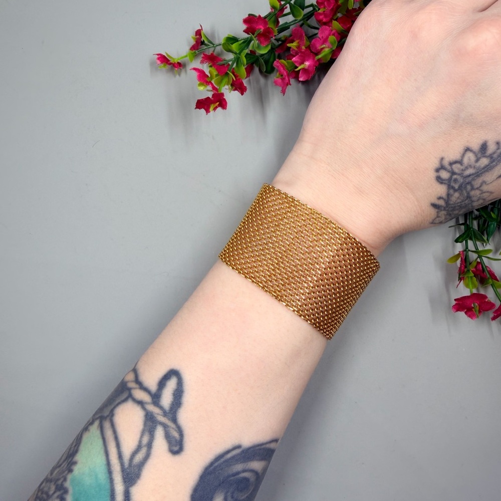 Gold Mesh Vintage Cuff Style Bracelet with Toggle Closure